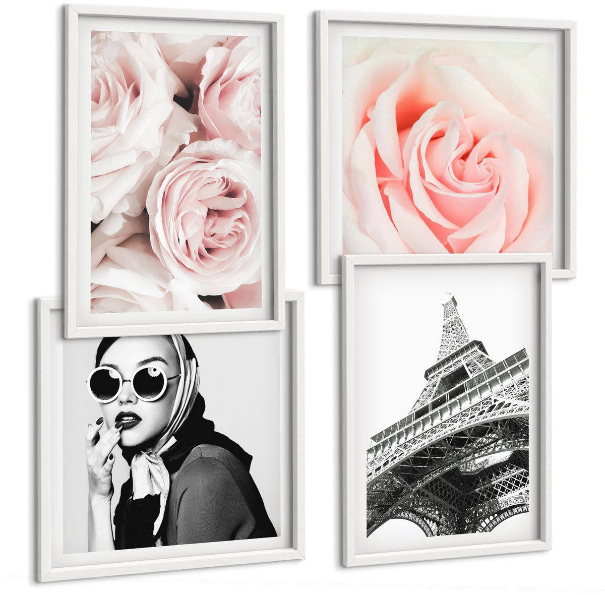 Tulup 4-Delige Schilderij Set - Rozen, modeportret van een vrouw, Eiffeltoren in Parijs - 40x40 en 40x60 - Muurdecoratie - Schilderijen Set - Woonkamer - Interieur Decoratie