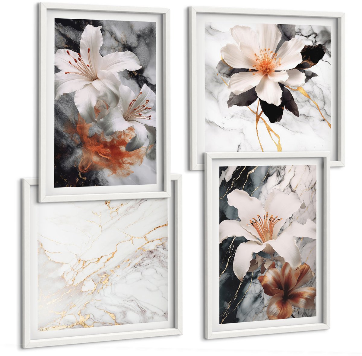 Tulup 4-Delige Schilderij Set - Bloemen op een marmeren achtergrond in wit- en zwarttinten. - 40x40 en 40x60 - Stijlvolle Muurdecoratie - Slaapkamer - Moderne Wanddecoratie