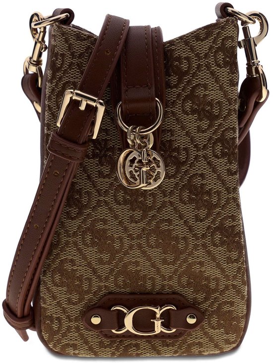 Bruin telefoontasje met GUESS logo patroon en bruine leren details. Gouden hardware en GUESS logo bedeltje.