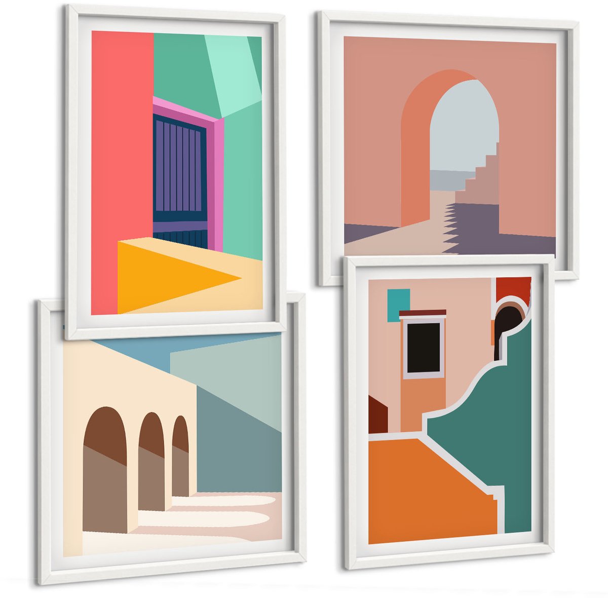 Tulup 4-Delige Schilderij Set - Kleurrijke stadsgezichten in een moderne stijl. - 40x40 en 40x60 - Decoratieve Muurdecoratie - Slaapkamer