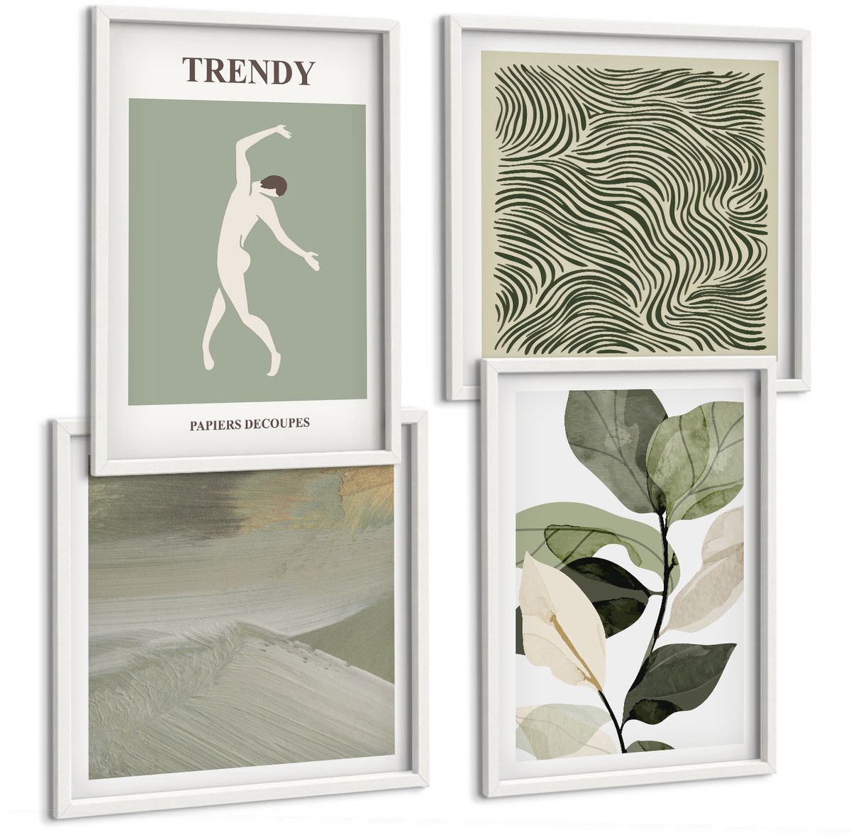 Tulup 4-Delige Schilderij Set - Plantenpatronen met silhouetten en abstracte vormen - 40x40 en 40x60 - Wanddecoratie - Moderne Interieurdecoratie - Muurdecoratie