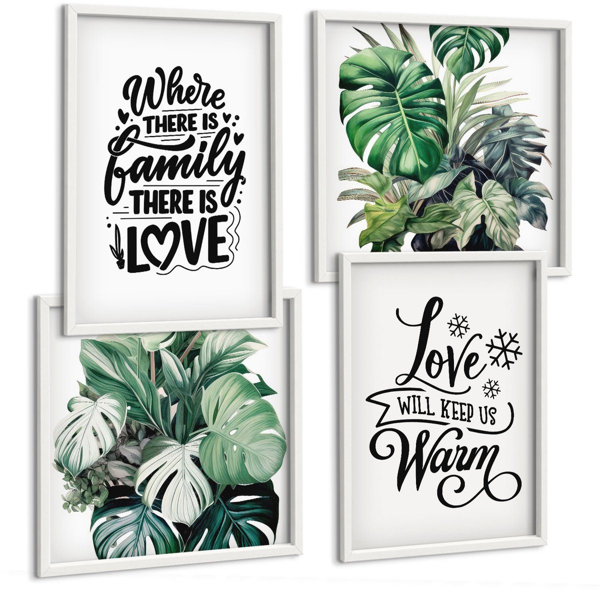 Tulup 4-Delige Schilderij Set - Familieliefde, warmte thuis, bladeren, planten, aquarel - 40x40 en 40x60 - Wanddecoratie - Muurdecoratie - Woonkamer