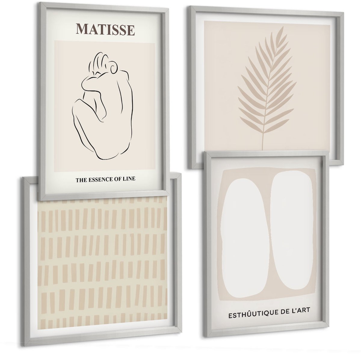TULUP 4-Delige Schilderij Set - Lijnen en vormen in beige en witte tinten. - 40 x 40 cm en 40 x 60 cm - Muurdecoratie - Interieur Decoratie Zilveren lijst