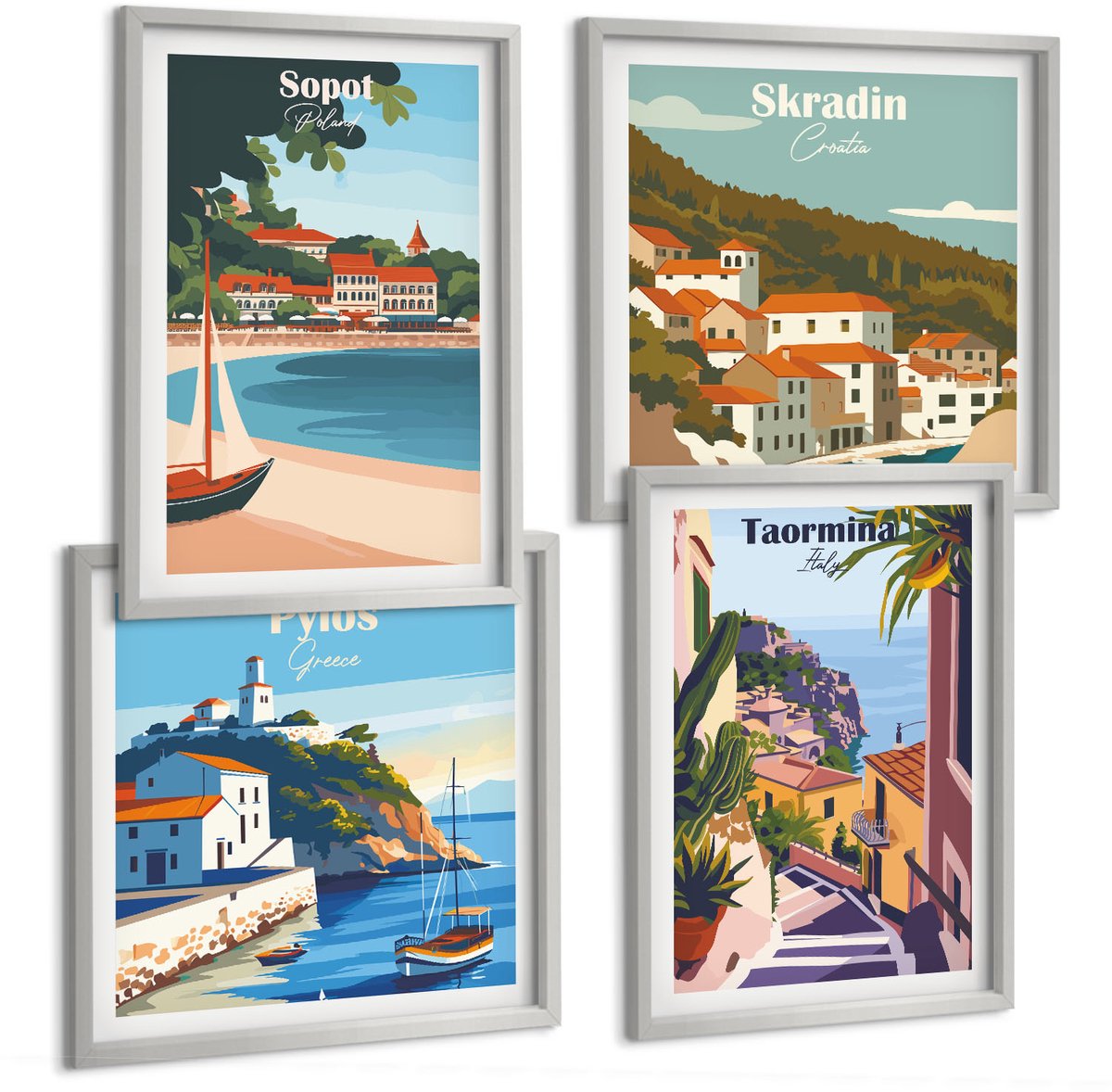 TULUP 4-Delige Schilderij Set - Uitzichten op kuststeden in stijlvolle illustraties - 40 x 40 cm en 40 x 60 cm - Schilderijen Set - Wanddecoratie - Woonkamer - Woonkamer Decoratie Zilveren lijst