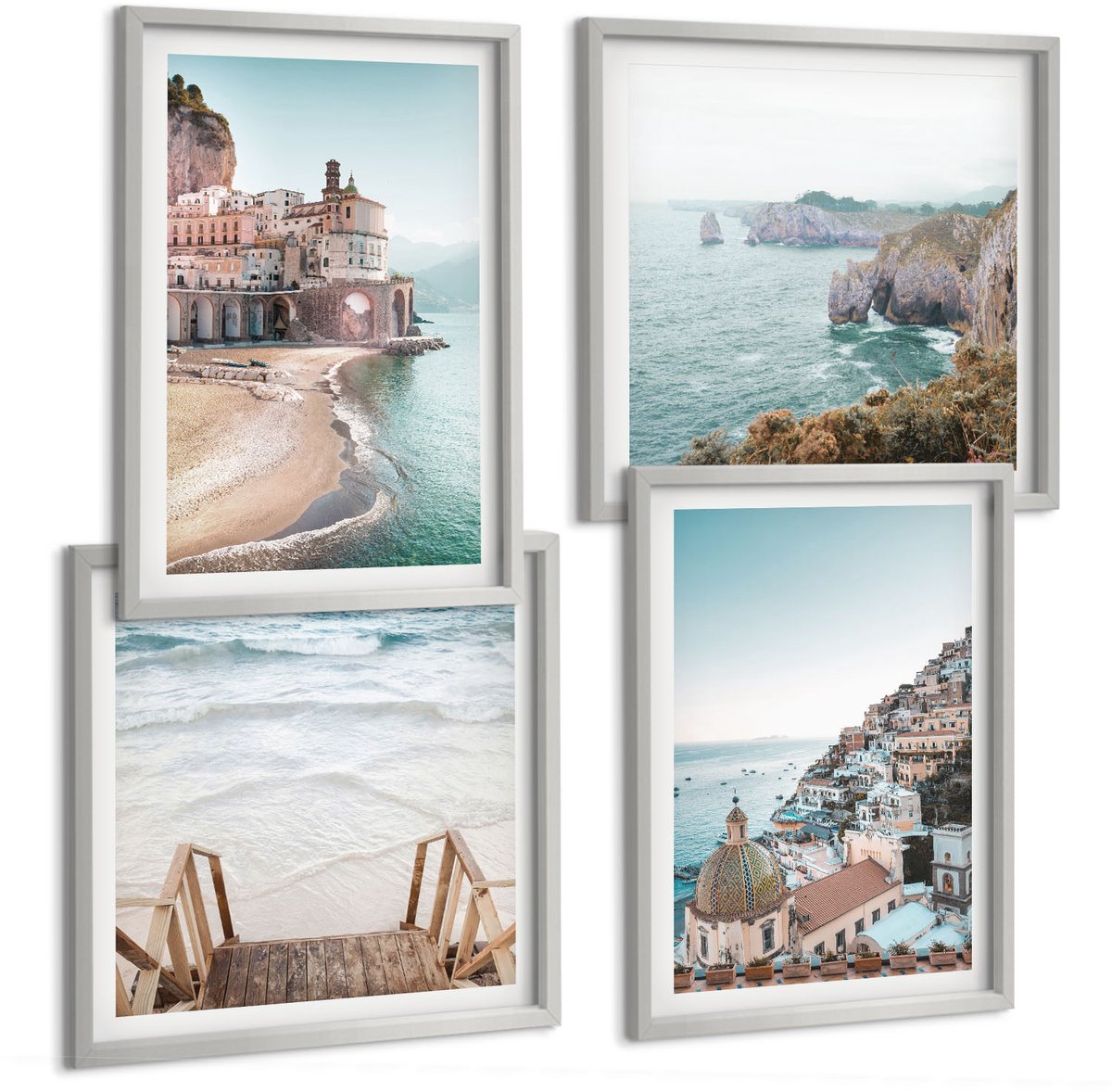 TULUP 4-Delige Schilderij Set - Zomerse pastelkleuren met architectuur aan zee en strand - 40 x 40 cm en 40 x 60 cm - Wanddecoratie - Schilderijen Set - Interieur - Moderne Wanddecoratie Zilveren lijst
