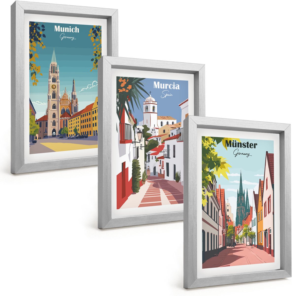 Tulup 4-Delige Schilderij Set - Europese steden in kleurrijke illustraties - 20 x 30 cm - Decoratieve Muurdecoratie - Slaapkamer - Wanddecoratie