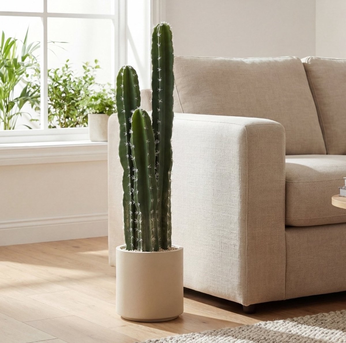 REDOM - Kunstplant Kaktus - Drie verspringende stelen - Met decoratieve pot en sierstenen - Modern - Voor binnen - Kunststof - Groen - 95 cm