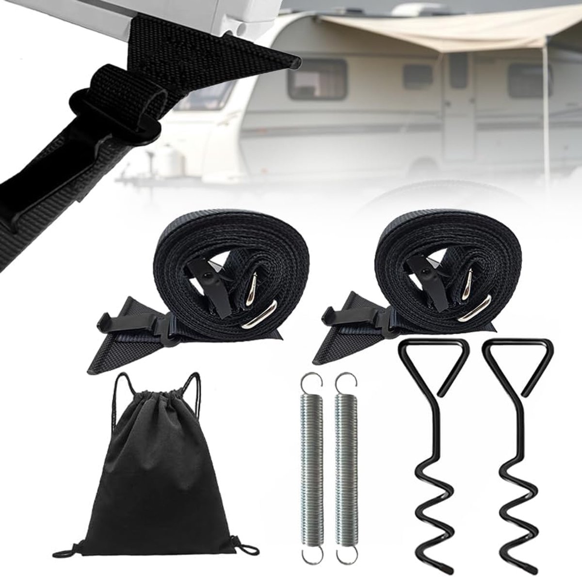 Stormriem voor luifel voor camping, auto, storm, campingaccessoires, stormriem, luifel, camping, auto, bevestigingsset, universele luifel, tent, caravan en spanlijnen