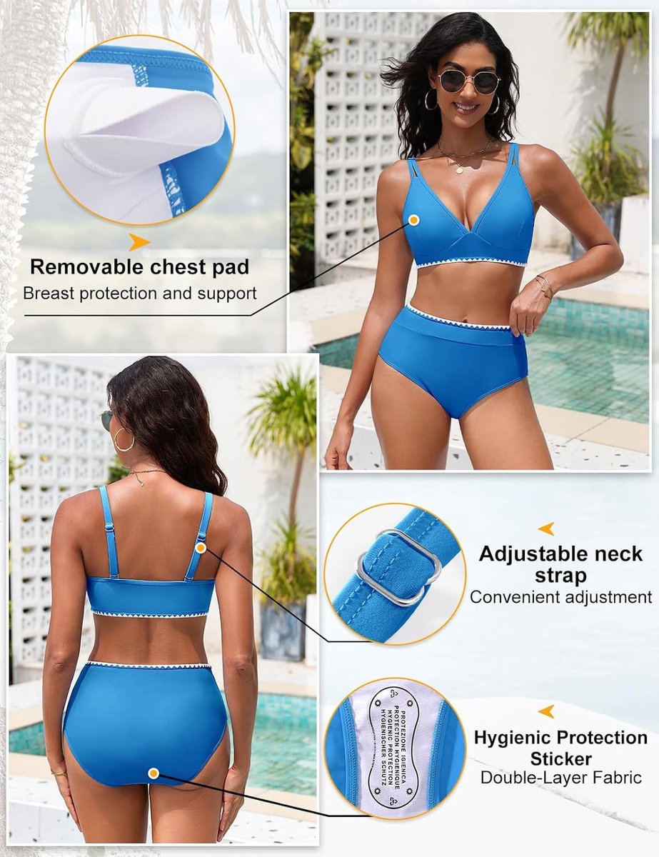 Badpak voor dames, 2-delig, hoge taille, bikini, push-up, gevoerd, figuurvormend, platte buik, sexy, zomer, strand, klassiek, slank, tweedelige zwemkledingset