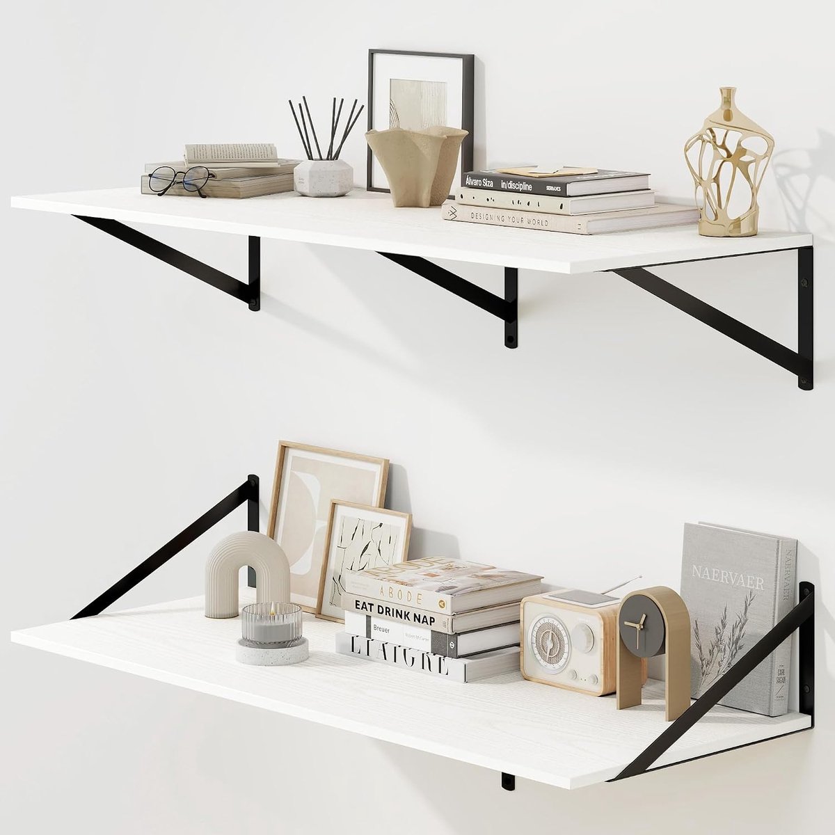 Zwevende planken voor muur, 30,5 cm diep zwevende planken, set van 2, 36 W x 12D, grote wandplank met stevige metalen beugels voor woonkamer, badkamer, slaapkamer en keuken, wit