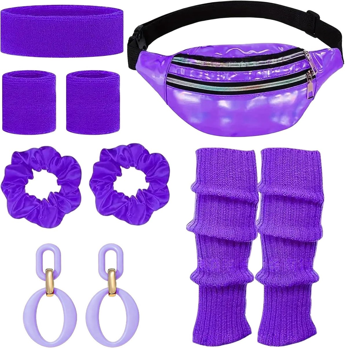 80s outfit dames retro kostuum kleding accessoires jaren 90 kleding accessoires kostuum hoofdband, beenwarmers, oorbellen, riemtas en bril voor carnaval
