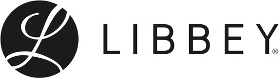 Libbey logo met zwarte cirkel en sierlijke L, naast de merknaam.