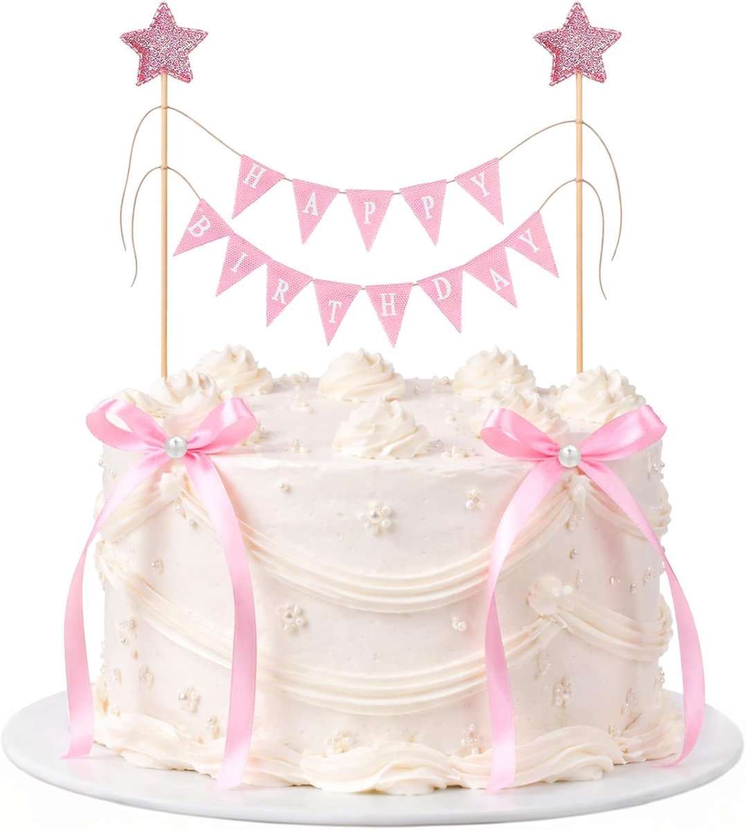 11 stuks striklint taarttopper, LLOUSSAK Happy Birthday-slinger met houten stokken, strik, taartdecoratie, roze taarttopper, voor verjaardagsfeestje