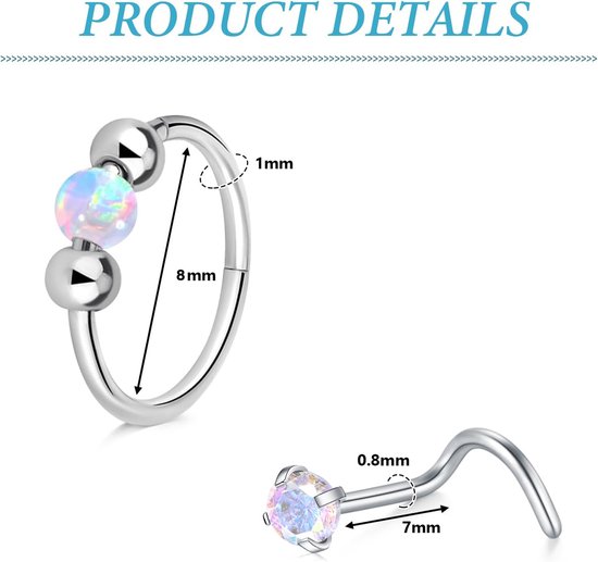 Neuspiercing, set van 4 stuks, 18 g, 20 g, ringd clicker, segment, neusring, chirurgisch staal, L-vorm, spiraal, opaal, CZ ringen, neusstud — afbeelding 4