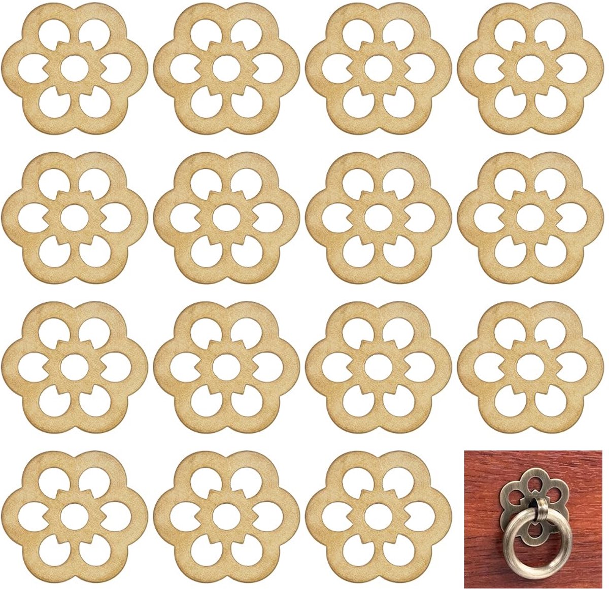 PandaHall 16 stuks klaver messing backplate sluitringen 32 mm bloem decoratieve sluitringen messing afdichting hardware accessoires voor deur meubels kast lade decoratie, goud
