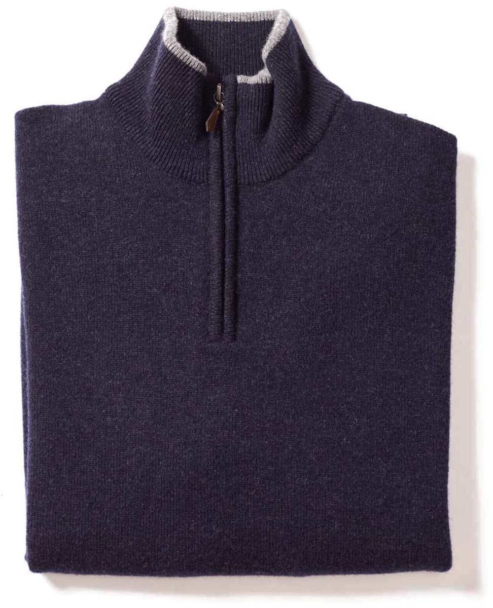 Osborne Knitwear Trui met rits heren - Lamswollen schipperstrui heren - sweater heren met rits - Indigo Melange/Grey Mix - 2XL