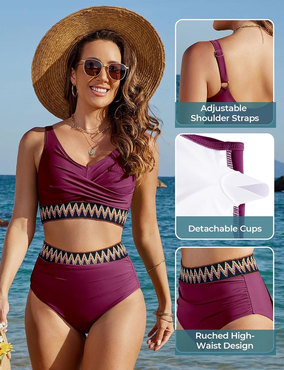 dames set hoge taille buikweg badpak tweedelig sexy V-hals push-up bikini kleurrijk gestreept badmode grote maten strand zwembad bikini