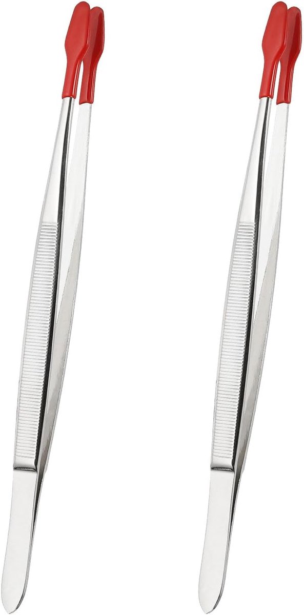 Knutselpincet met rubberen tips, 2 stuks PVC gecoate pincet, lange roestvrijstalen gebogen rechte platte punt voor stempel, sticker, knutselen, kralen, sieradengereedschap, rood, 15 cm
