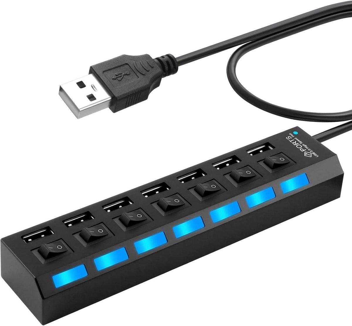 USB-hub - Zwart - 7 Poorten - Compacte en Draagbare USB-stekkerdoos met Individuele LED-schakelaars - Voor Laptop en PC