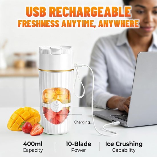 Draagbare blender - Mini mixer - Verse sappen maken - 10 roestvrijstalen messen - 400 ml - Wit — afbeelding 5