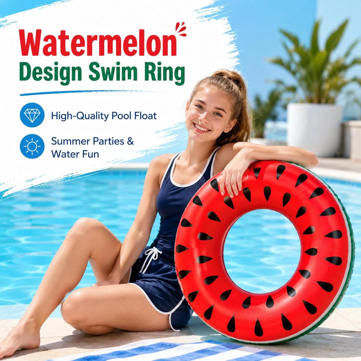 Zwembanden voor volwassenen, watermeloen-design, opblaasbare ring voor zwembad en strand, hoogwaardige zwembadring voor zomerfeest en waterplezier, meloen rubberen ring (Ø 75 cm, rood)