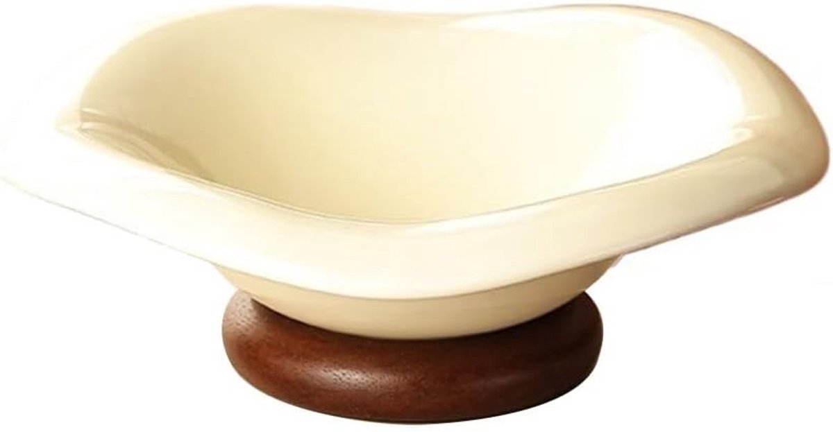 Fruitschaal Onregelmatig gevormde fruitschaal met houten voet, glanzend keramiek, servies for de keuken en woonkamer(Wit)