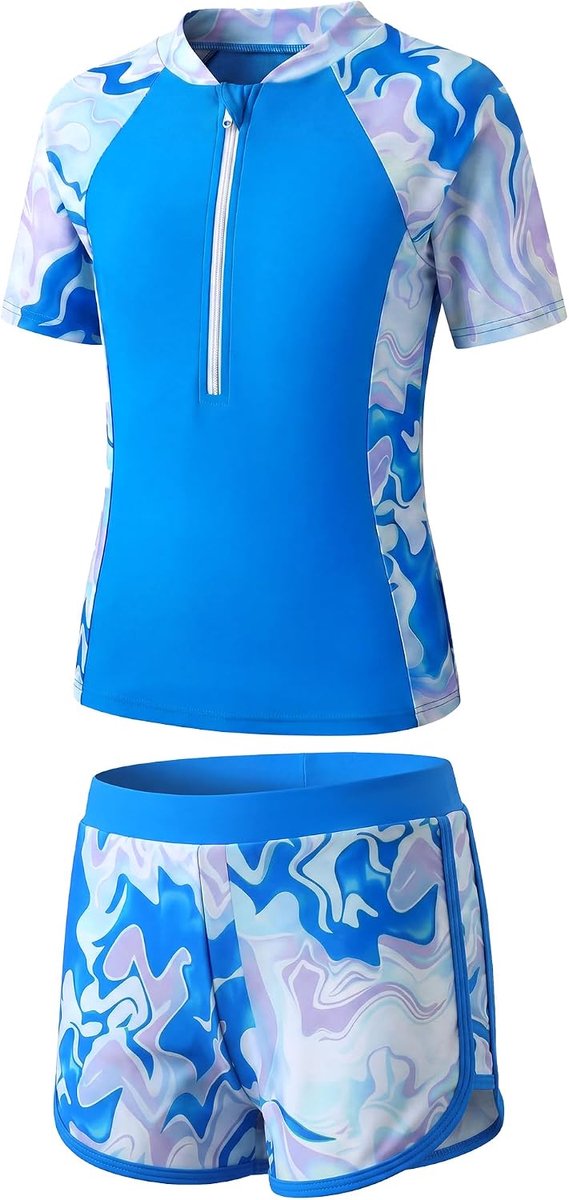 badpakken voor meisjes: zwempak met korte mouwen en korte broek, tweedelig badpak met bloemenpatroon, sneldrogend, topjes met halve rits + zwembroek, 2-delige set zwemkleding voor 5-14 jaar