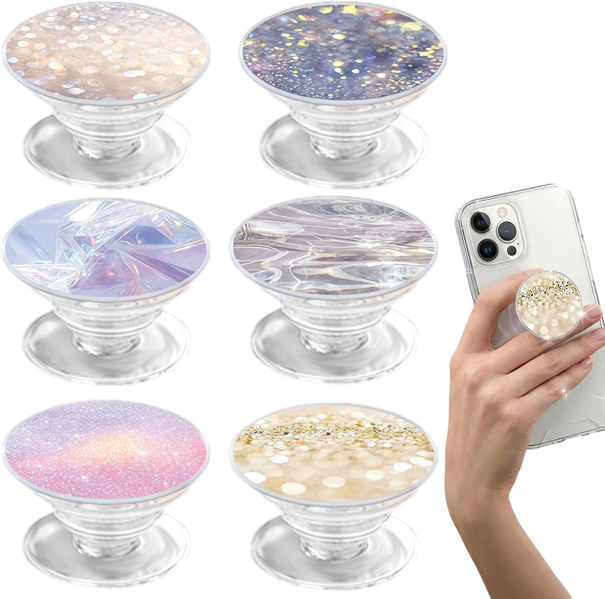 6 stuks mobiele telefoon-ringhouders, hoogwaardige 360° rotatie, veilige grip, comfort, dagelijks voor smartphone en tablet, opvouwbaar en intrekbaar (6 stijlen B)