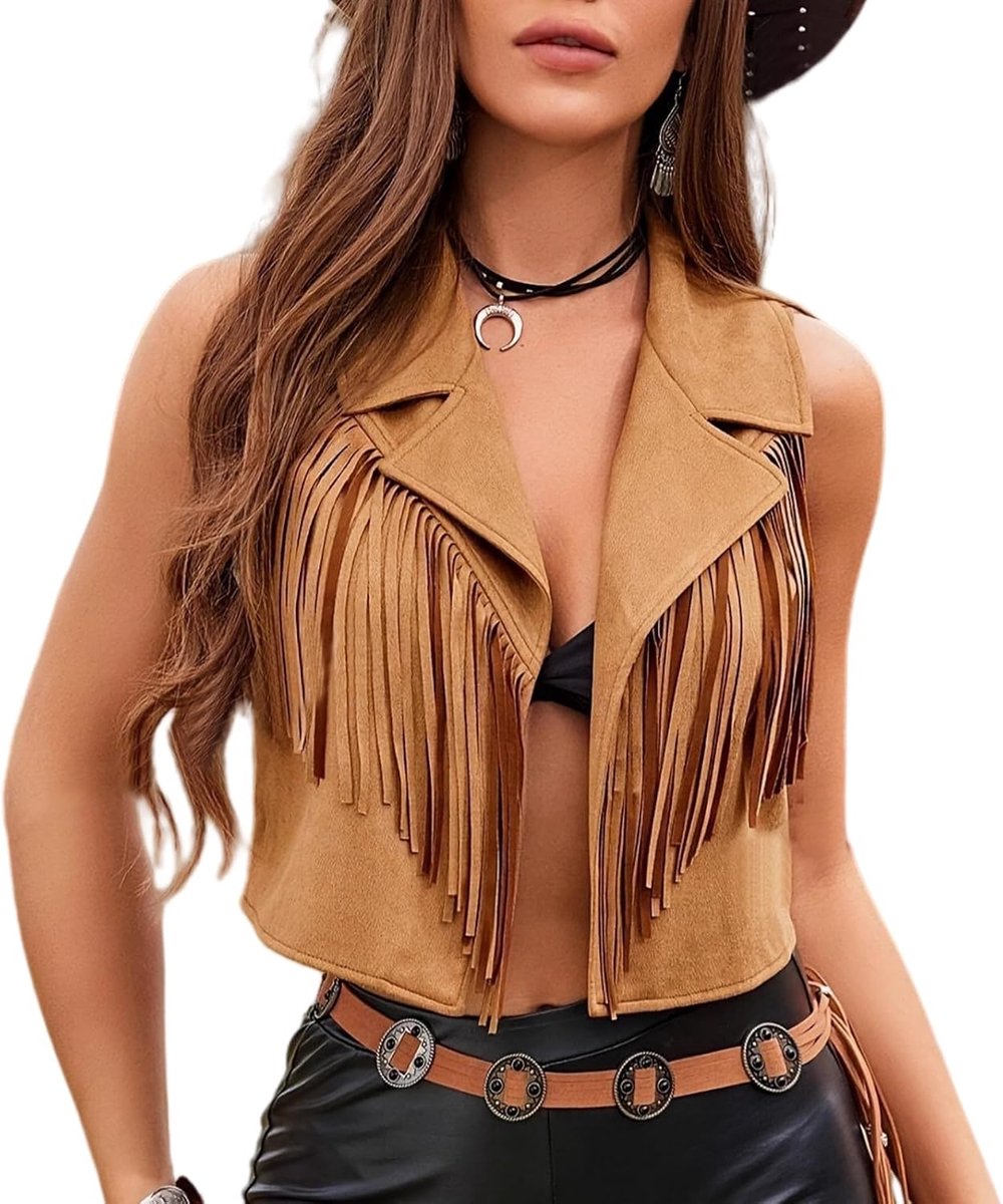 top met kwastjes, cowgirl-vest van imitatiesuède met franjes en open voorkant, vest, westernjas, mouwloos, reversstijl, cardigan, effen, vintage, hippie, Y2K, voor disco, Halloween
