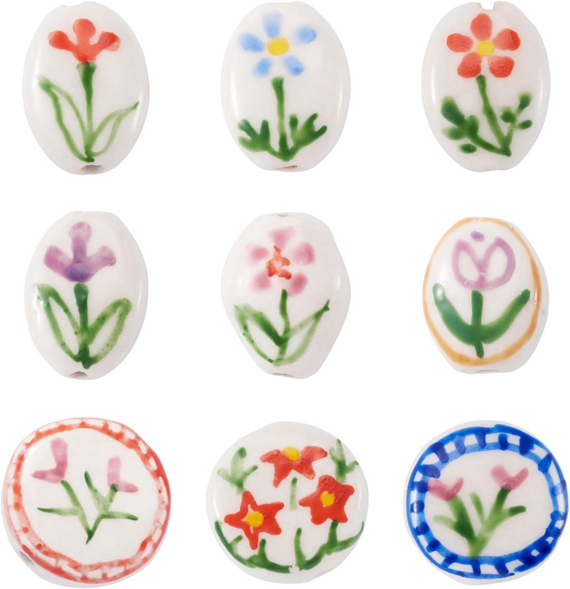 9 stuks Bloemen Thema Handgemaakte Porseleinen Kralen Ovaal Ronde Bloemen Keramische Kralen Famille Rose Porseleinen Afstandhouders voor DIY Knutselen Armband Oorbel Maken