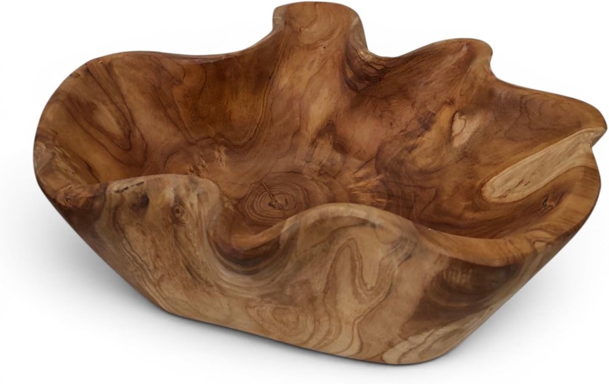 Teak wortelhouten fruitschaal Ø 35-40 cm - grote massief houten schaal, natuurlijk gevormd van echt hout, handgemaakt natuurlijk hout uniek