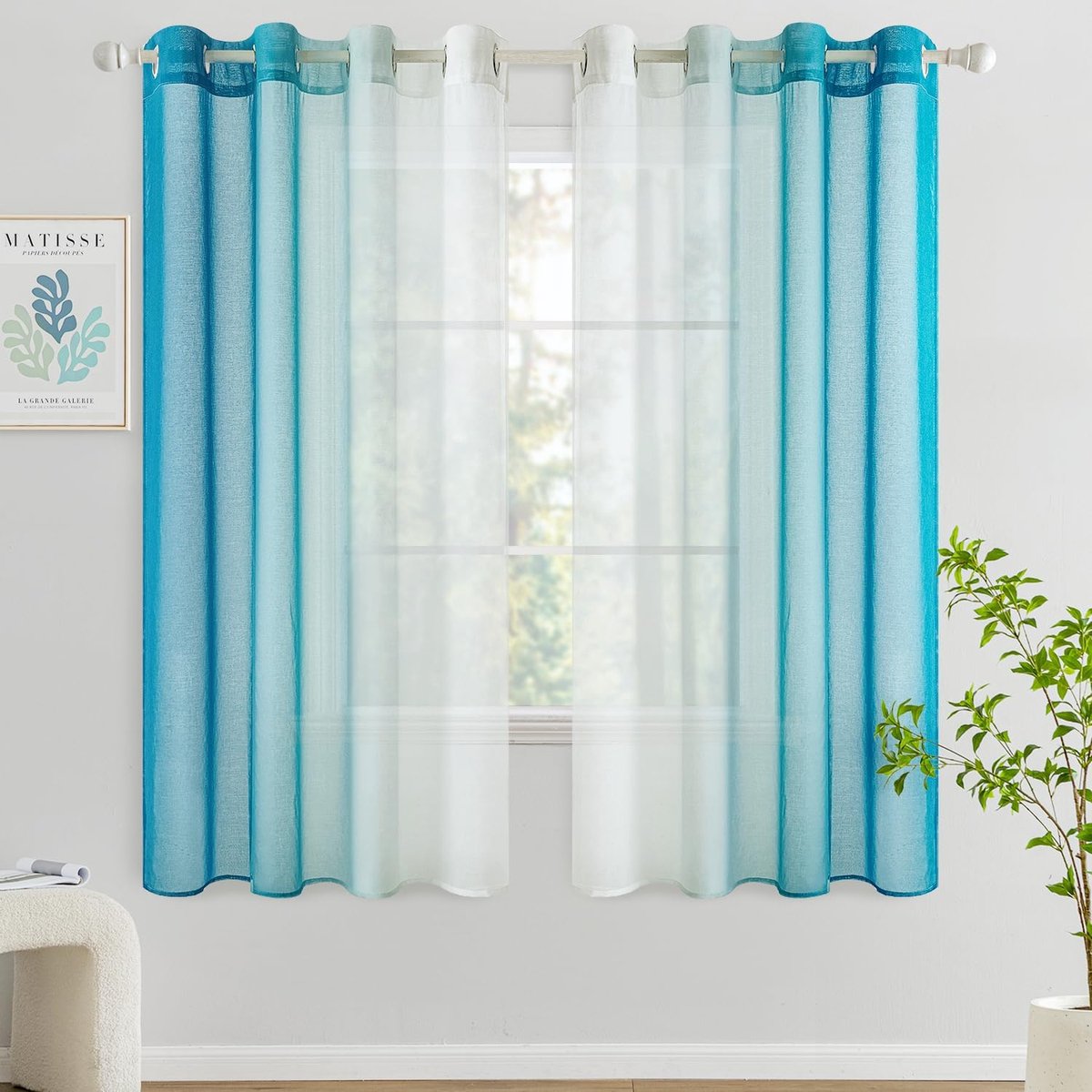 korte, transparante gordijnen, gordijnen met ringen en kleurverloop, semi-transparant, lichtgewicht, elegant, binnengordijnen voor moderne woonkamer, huis, set van 2, 140x145cm, blauw