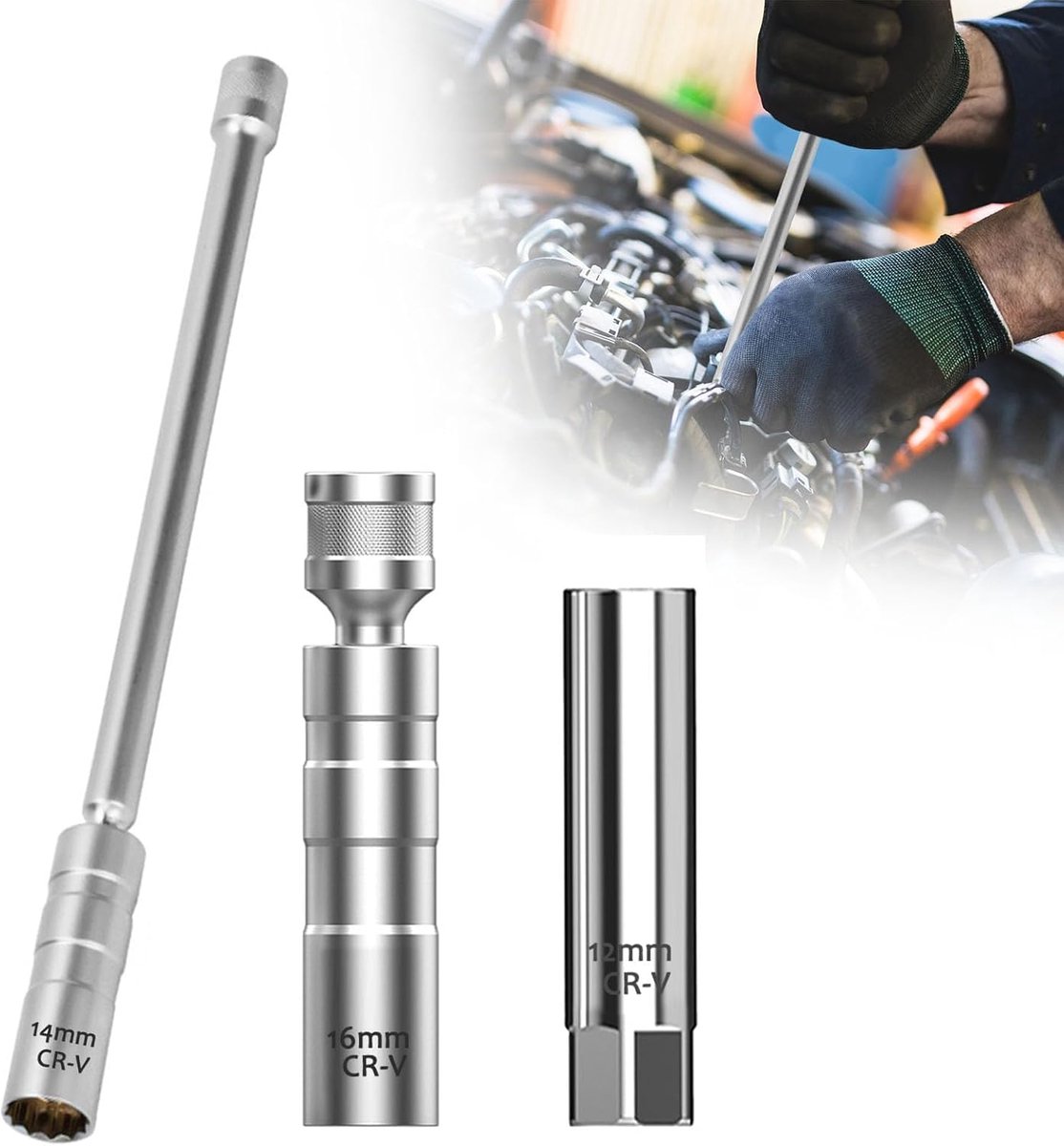 Bougiesleutels, magnetische universele flexibele bougiesleutel, 12 mm/14 mm/16 mm (Cr-V-staal), 3/8 inch bougiemoer, 360° draaibare bougiesleutel, steeksleutel voor het wisselen van bougies van auto