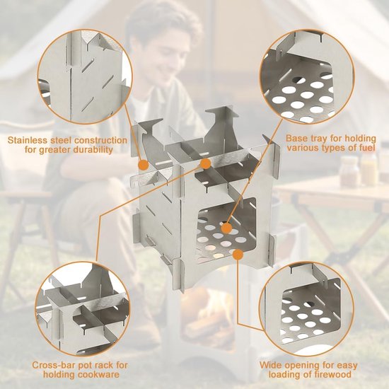 houtkachel, outdoor kooktoestel van roestvrij staal, campingkooktoestel opvouwbaar, insteekbaar, hobo-kooktoestel, mini-houtkachel voor koken, wandelen, picknick, barbecue — afbeelding 2