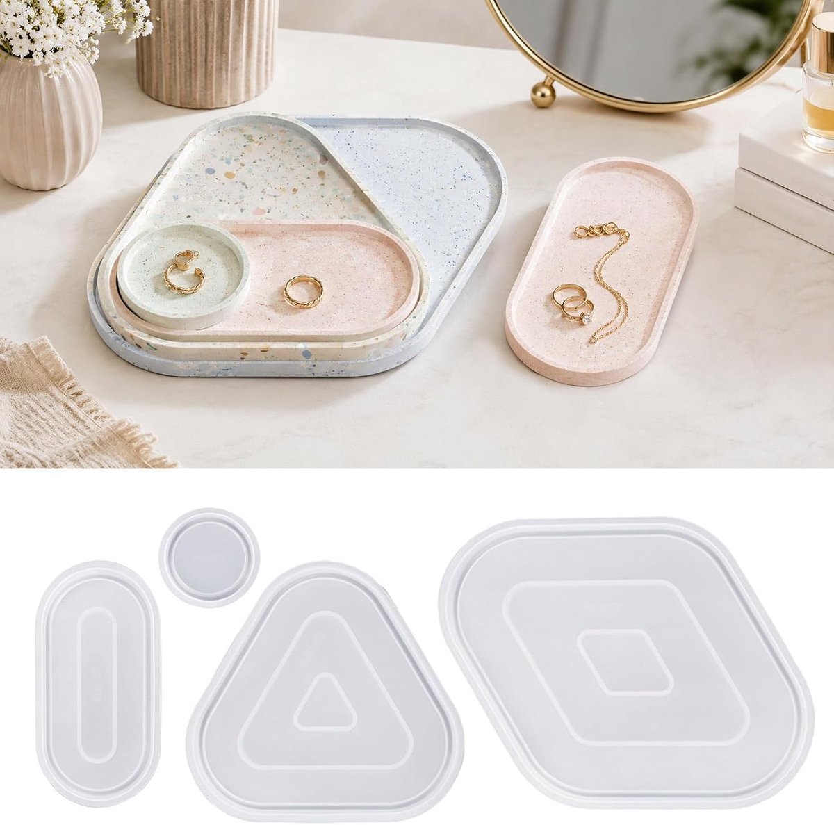 4-delig siliconen mallen set – Gietvormen voor beton, hars & gips, Geometrische vormen met inlegvak voor DIY sieradenbak & decoratie
