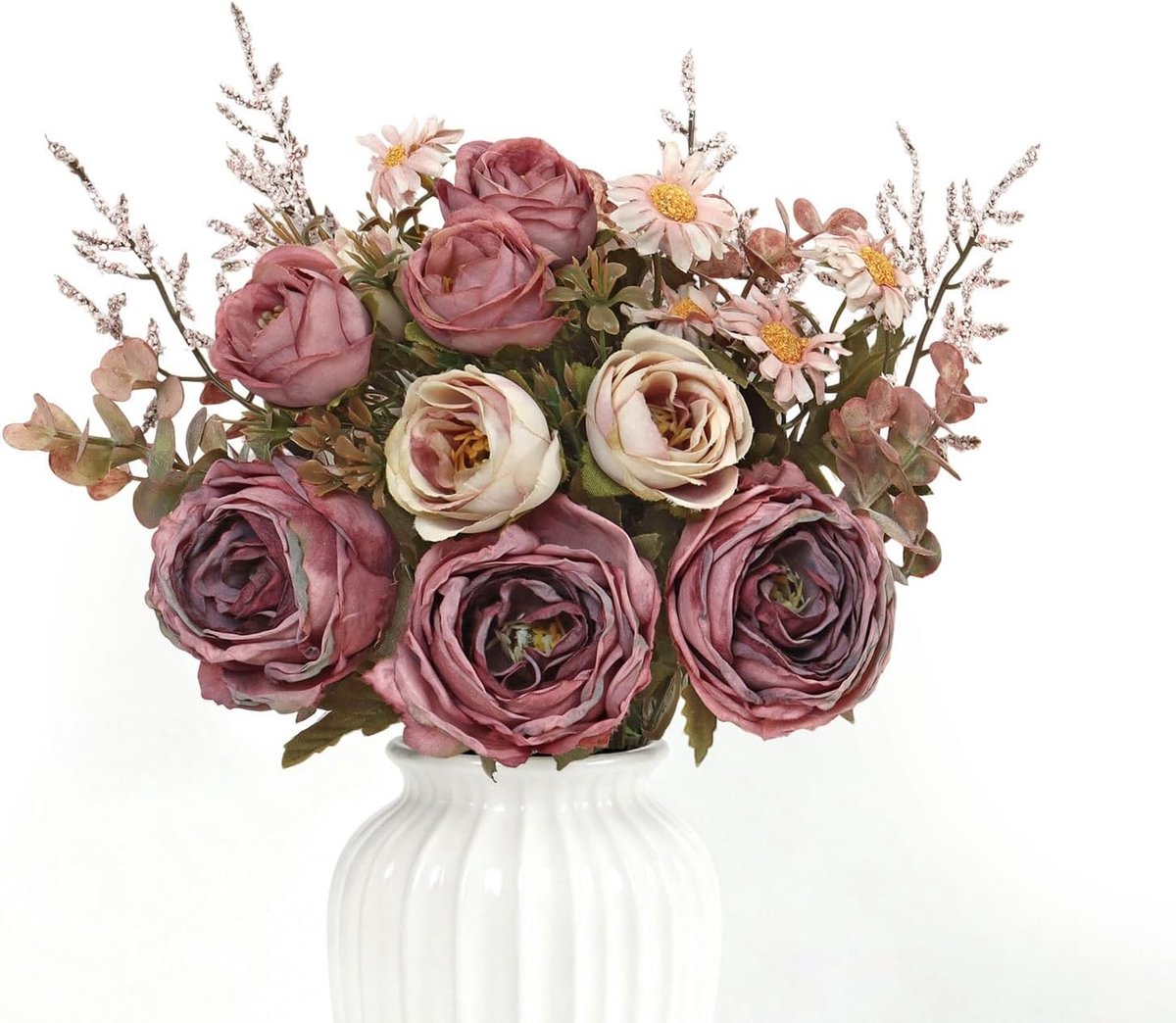 Kunstbloemen Zijden bloemen 3 boeketten Neprozenboeketten Realistische bloemen Nep-eucalyptusplant Bloemstuk voor bruiloftfeest Tafelversiering Woonkamer Keukendecoratie (3, Roze)