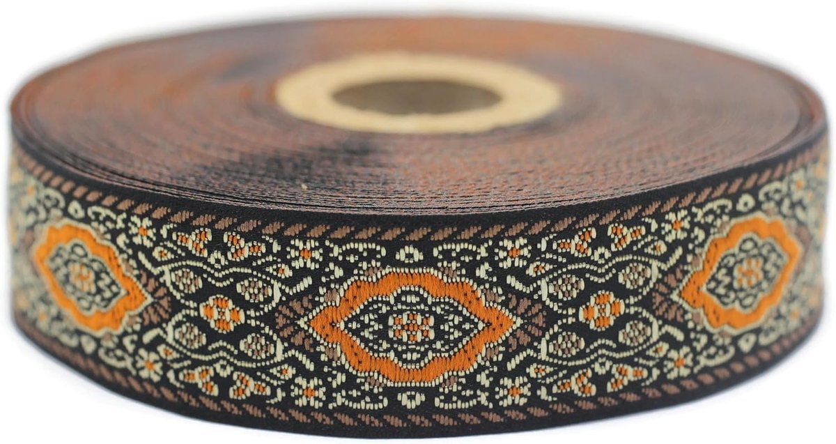 Jacquard-lint, geweven oranje en bruin, keizerlijke rand, 10 m x 25 mm, rol borduurlint voor naaien, decoratie 25589-V8