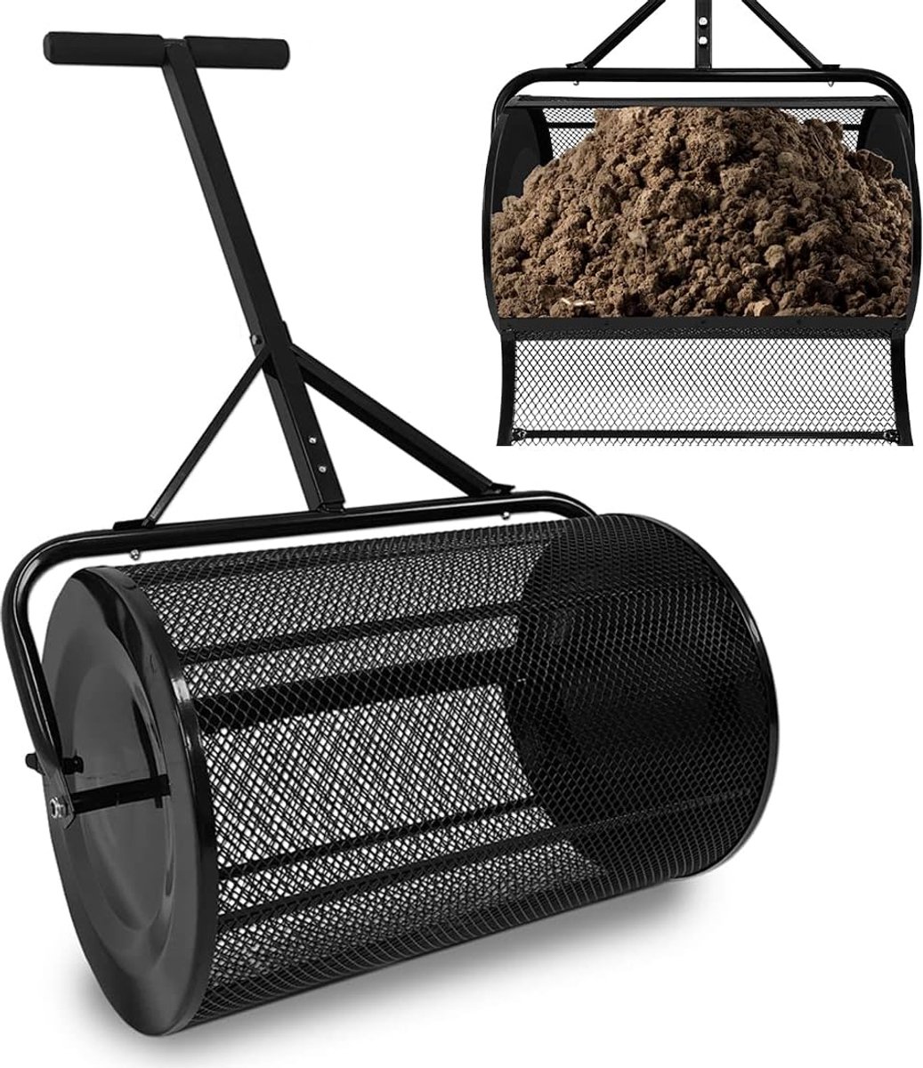 Compoststrooier, 40 x 65 x 110 cm, vulbaar, 81 liter, gazonstrooier van staal, gazon, meststrooier met sponzen, handgreep, multifunctionele zaadstrooier, voor compost, mest, zaaien