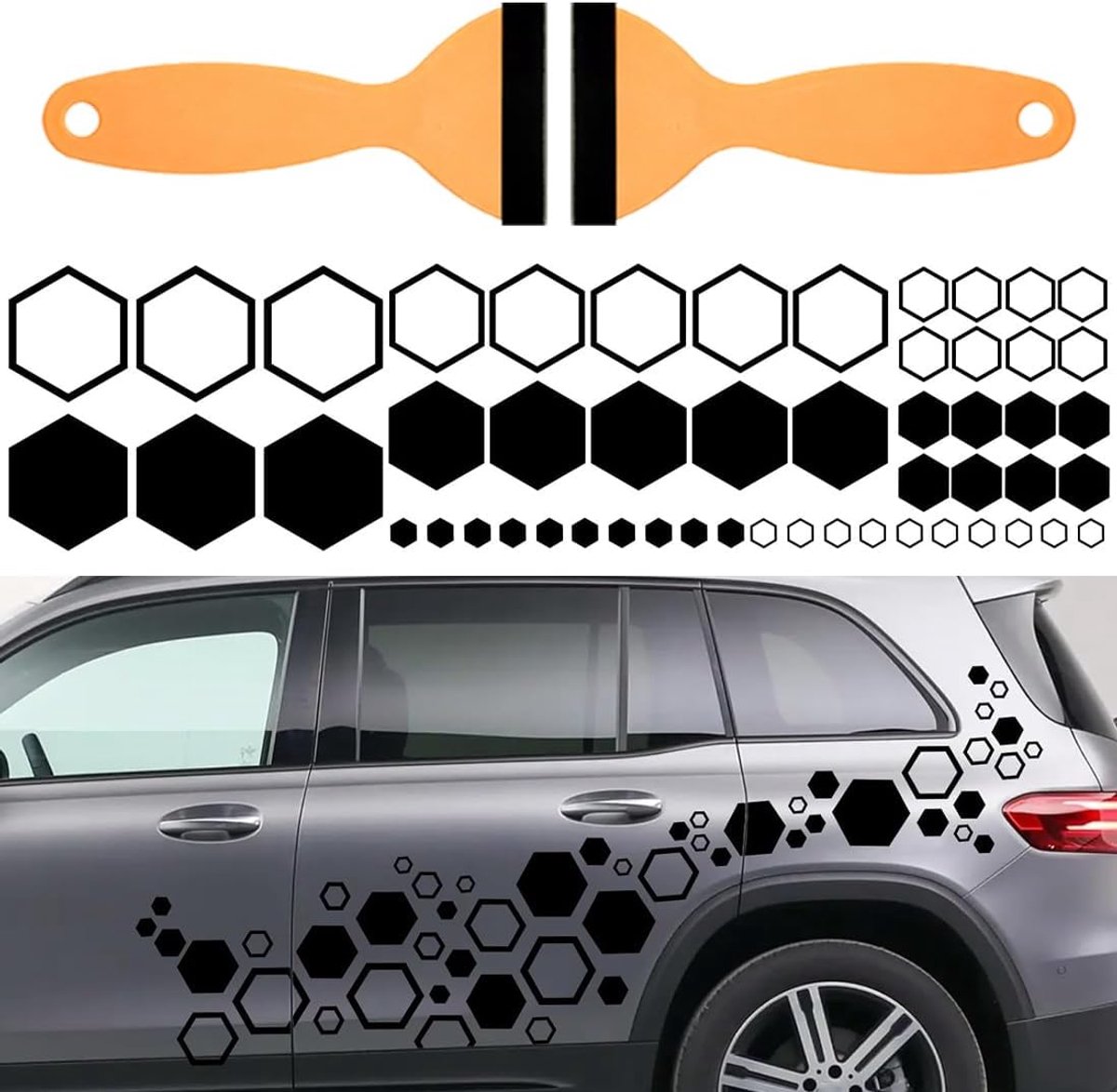 52 stuks, honingraatpatroon, met 2 trapeziumschrapers, set racestrepen voor tuning, auto, carrosseriedecoratie en styling voor auto, SUV, vrachtwagen en terreinwagen (rood)