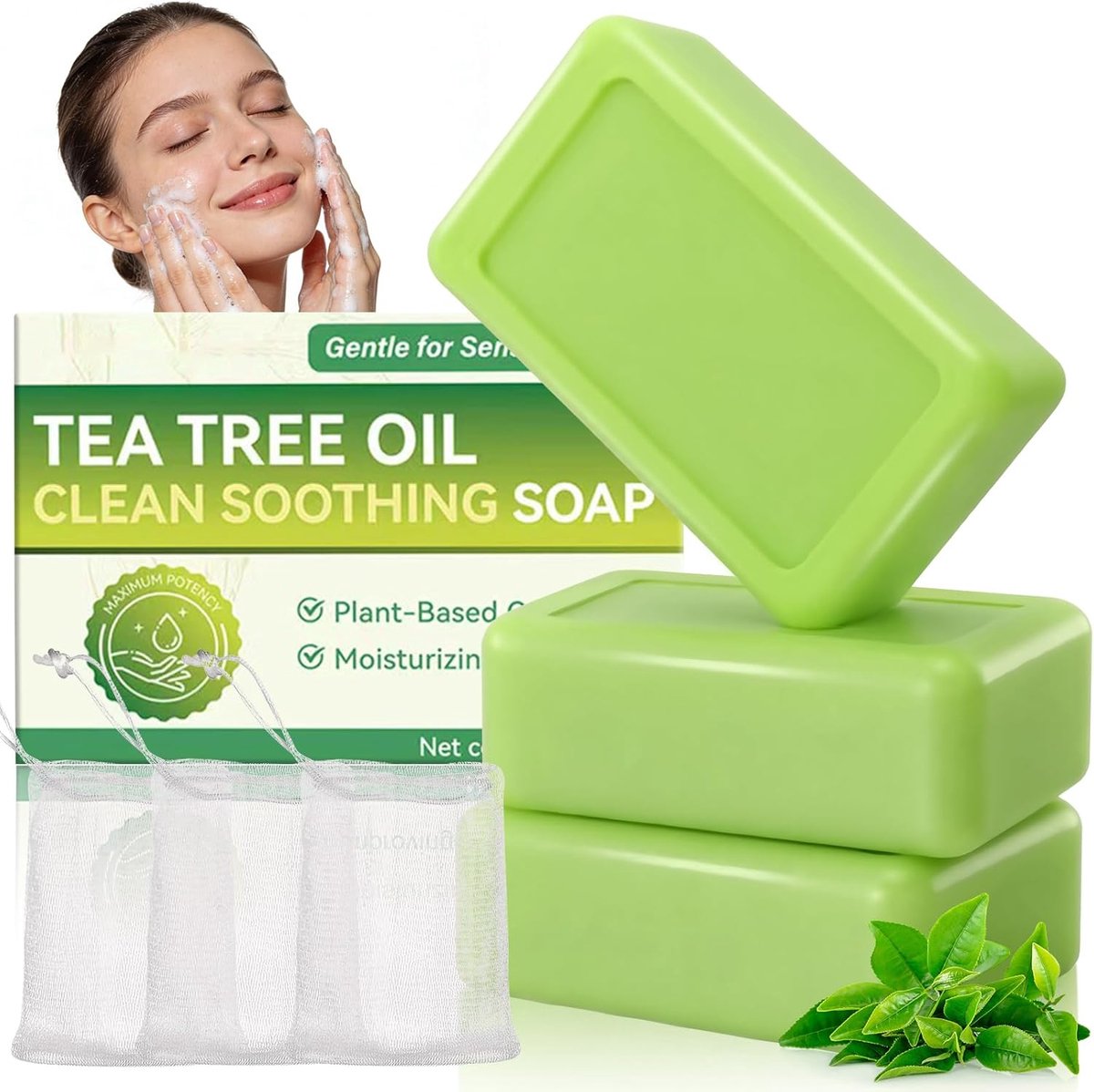 3 stuks Tea Tree Oil Zeep, 100% natuurlijke zeep tegen puistjes voor gezicht en lichaam, handgemaakte douchezeep met tea tree-olie en peeling-effect, diep reinigend en verfrissend geurend