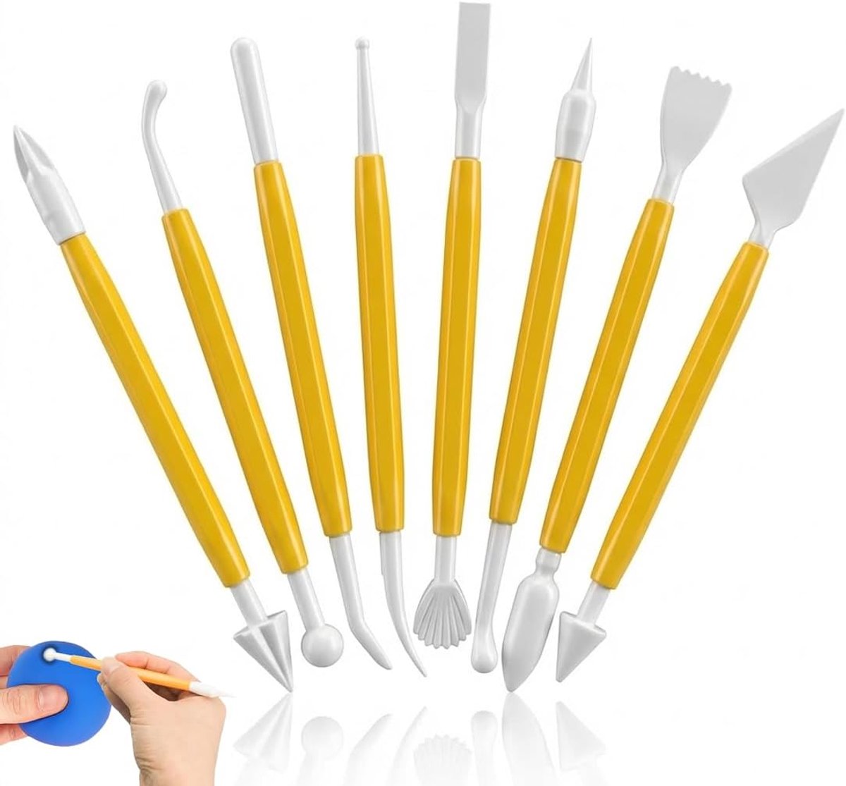 8-delige modelleergereedschapsset van kunststof, geel, set voor klei en fondant voor kinderen, creatieve set voor keramiek en sculpturen, 16 verschillende vormen