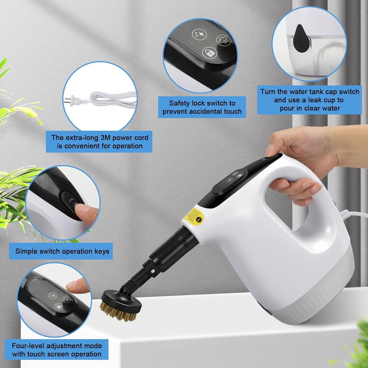 Handstoomreiniger, 1200 W, 500 ml, multifunctionele stoomreiniger met 9 accessoires, 120 °C chemicaliënvrije stoomreiniger, 15 s opwarmtijd, 3 stoomstanden, reiniging van vloeren, tegels