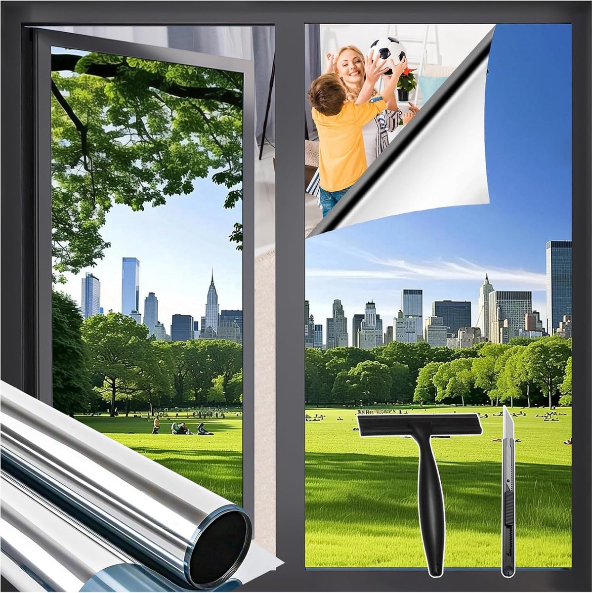 Raamfolie, zilver, zonwerende folie voor binnenramen, 99% anti-uv warmteregulering, uitgerust met installatiepakket, 105 x 400 cm