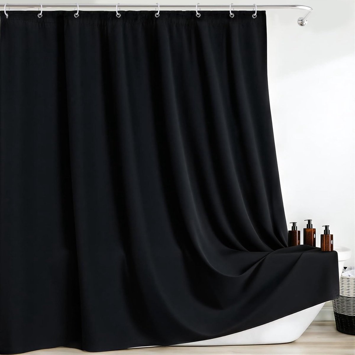 SnelShoppen - Douchegordijn 200 x 200 cm, Anti-Schimmel en Wasbaar, Polyester met 12 Haakjes, Zwart, Perfect voor Bad en Douche