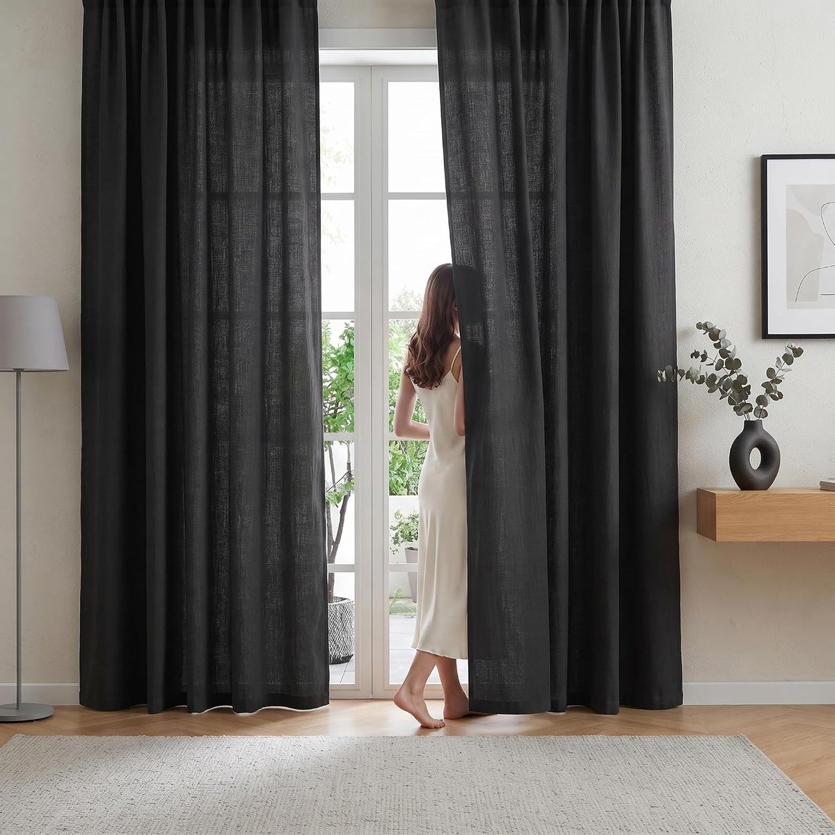 zichtwerende gordijnen in linnenlook, set van 2 ondoorzichtige semi-transparante polyester gordijnen, filteren ongeveer 30-40% van het invallende licht, stangzak, elk B 140 x H 160