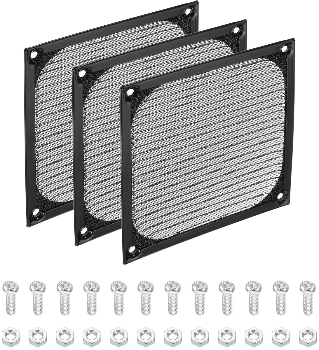 Ventilatorrooster voor computer 120 mm met schroeven, 3 stuks aluminium frames met roestvrijstalen net, stofafdekking voor computer, ventilator, zwart