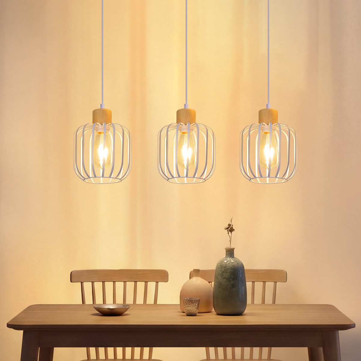 NETTLIFE 3-Flammige Hanglamp Wit - Met Houten Accent | E27 | Hoogteverstelbaar | Moderne Eetkamerlamp voor Eettafel Keukeneiland & Woonkamer - Zonder Lampen