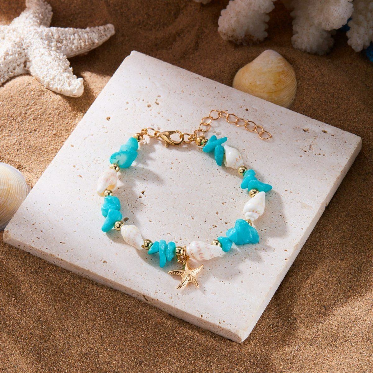 Damesarmband – 18+5 cm– Ketting met zeester en schelp (imitatie) – Armband van trommelsteentjes in strandstijl – Kralenketting met oceaanthema – Kralensieraden voor dames – Kralenketting voor feestjes met strandvibe – Geschikt voor dagelijks gebruik