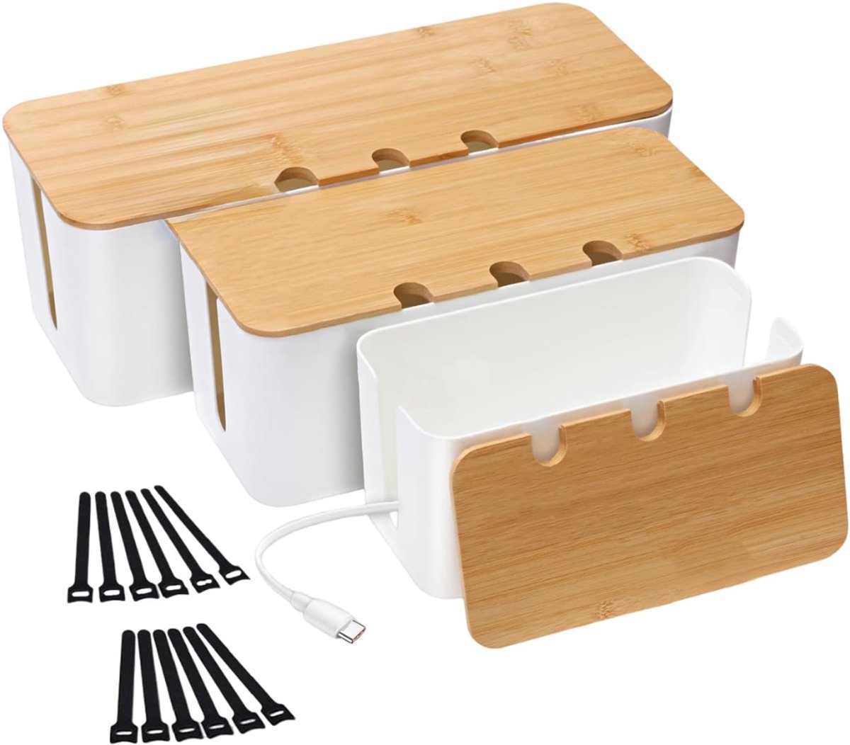 ZRNS® Kabelbox Stekkerdoos - Kabel Organiser - 3 Stuks - Houten Deksel
