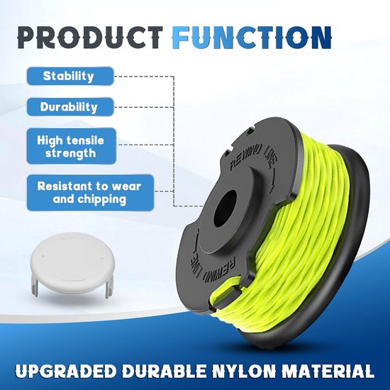 4 stuks grastrimmer draadspoel compatibel met Ryobi RAC143, reservedraadspoel voor Ryobi RLT36B33 & RY36LT3A-0, Ø 2 mm - 6,1 m lengte, met spoelafdekking RAC142 (4 spoel + 1 dop) — afbeelding 3